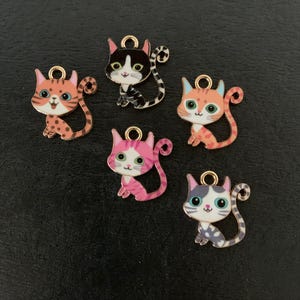 5 assorted cat charms, enamel cat charms, cat charms, cat pendant, cat jewelry, cut cat charm, gold cat charm, multi color cats, charm cat