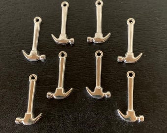 8 silver hammer charms, hammer charm, hammer charm bulk, charms hammer, silver hammer charm, mini hammer, tool charms, silver tools, hammers