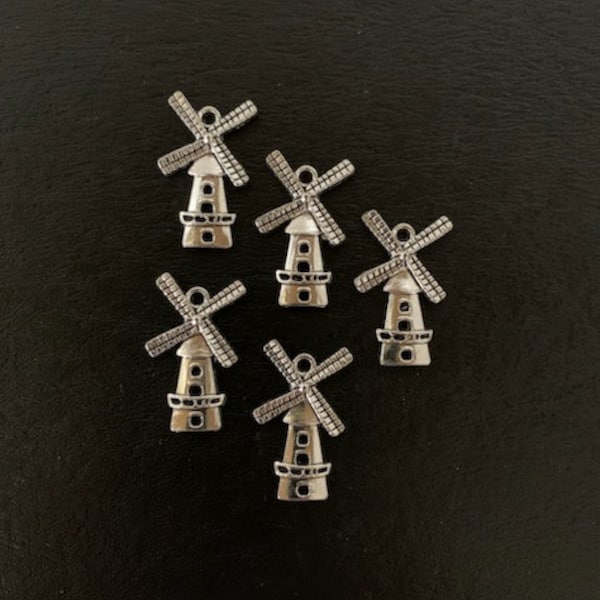 5 silver windmill charms, windmill charm, windmill pendant, windmill jewelry, miniature windmill, dutch charm, dutch jewelry, wind mill