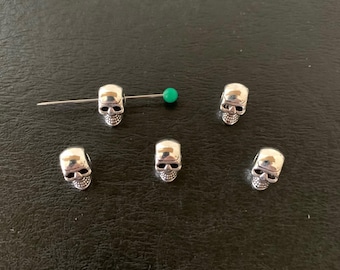 5 silver skull beads, skull beads, silver skull beads, skeleton beads, bead skull, halloween beads, halloween skull beads, gothic beads