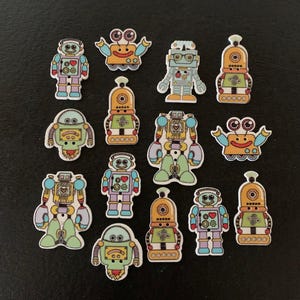 14 random mix robot buttons, robot button, robots, robot craft, wood robot, wooden robot, wooden button, wooden buttons, novelty buttons