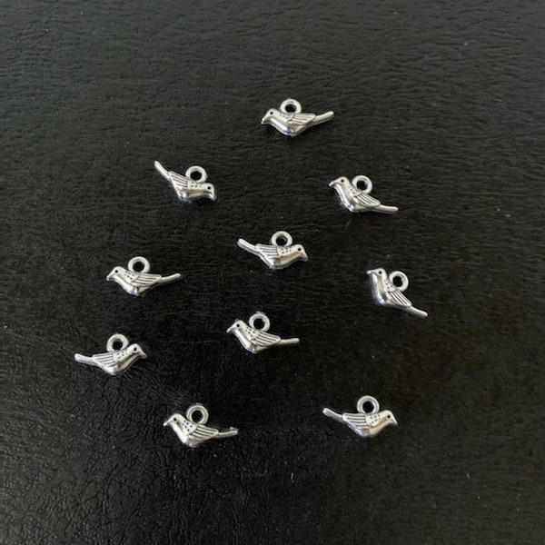 10 mini bird charms, mini bird charms, tiny bird charms, silver bird charms, bird charms, bird charms silver, mini charms, mini birds, birds