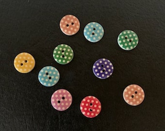 10 random mix polka dot buttons, polka dot buttons, dot buttons, 16mm buttons, 2 hole buttons, colored buttons, sewing buttons, craft supply