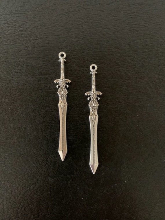 2 sword pendants, sword charms, sword charm large, sword, silver swords, silver sword charm, pirate charm, fencing charm, fencing pendant