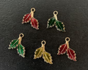 5 random mix double leaf charms, leaf charms, gold leaf charm, green leaf charm, orange leaves, fall leaves, leaves pendant, leaves jewelry