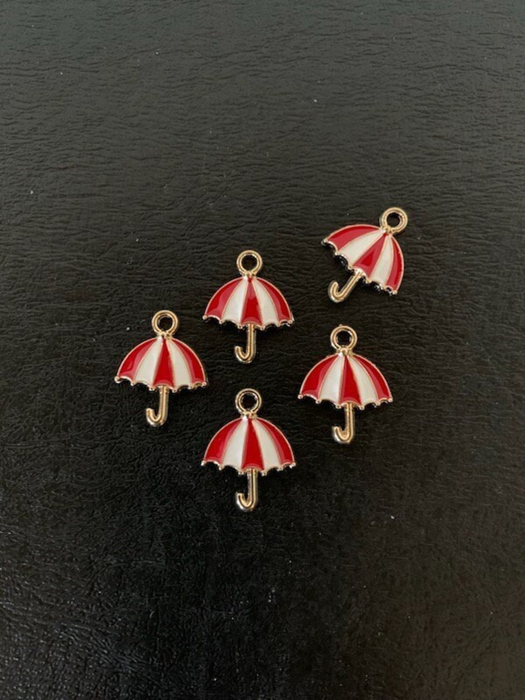5 Red White Gold Umbrella Charms, Umbrella Charm, Umbrella Jewelry