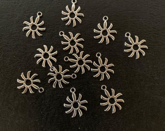 12 silver sun charms, metal charms, charm bracelet, sun charm, sun charm bulk, small sun charm, silver sun, silver sun charm, sun pendant