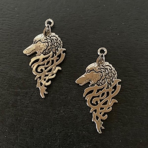 2 silver wolf head pendants, wolf head charm, silver wolf charm, wolf head pendant, wolf charm, wolf pendant, wolf pendant silver, wolves
