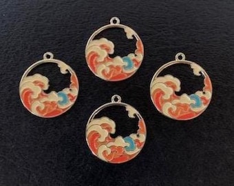 4 enamel wave charms, metal charms, charm bracelet, wave charm, wave pendant, wave circle, gold wave pendant, ocean wave charm, charm wave