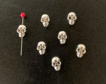 7 silver skull beads, skull beads, silver skull beads, skeleton beads, bead skull, halloween beads, halloween skull beads, gothic beads