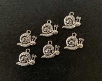 6 silver snail charms, snail charms, snails, snail charm, garden snail, snail jewelry, snail pendant, necklace snail, garden charms, snail