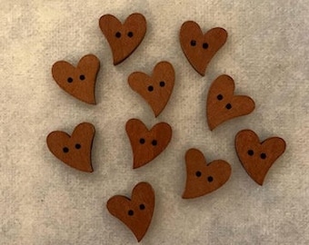 10 heart buttons, heart button, wood heart buttons, wood buttons, wood button, wood hearts, buttons hearts, brown buttons, bulk buttons