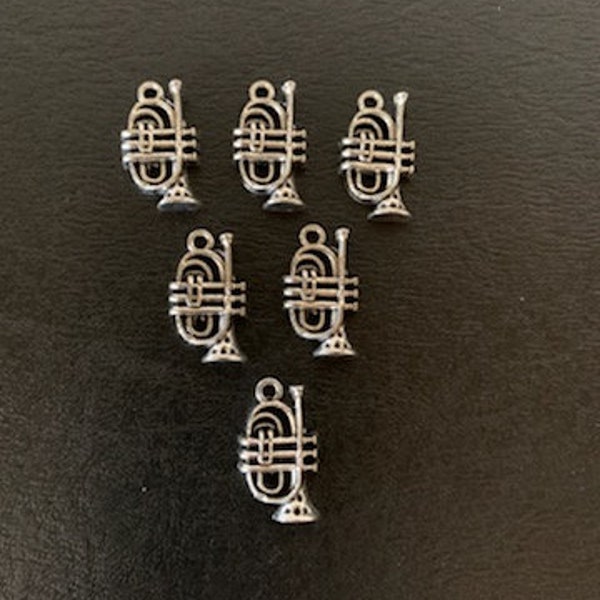 6 silver trumpet charms, trumpet charms, cornet charms, silver cornets, music charm, instrument charms, musical charms, band charms, music