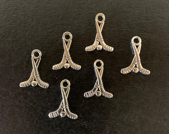 6 silver hockey charms, hockey charms, hockey pendant, hockey jewelry, hockey stick charm, hockey puck charm, hockey gift, ice hockey charms