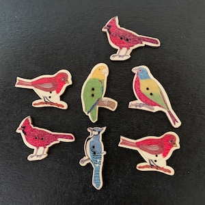 7 random mix bird buttons, wood bird buttons, bird buttons, cardinal bird, button bird, blue bird, 2 hole buttons, wood buttons, birds