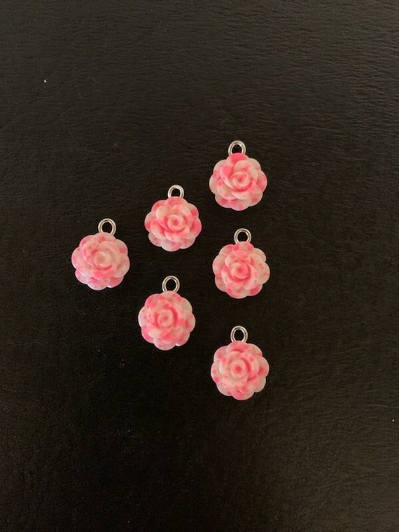 6 White and Pink Rose Charms, Rose Charms, Rose Charm, Rose Charms Bulk,  Dainty Rose Charms, Pink Rose Jewelry, Pink Roses, Charms Rose 