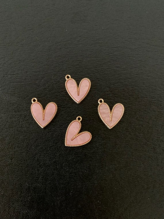 4 Gold Pink Heart Charms Metal Charms Pink Heart Charm Pink 