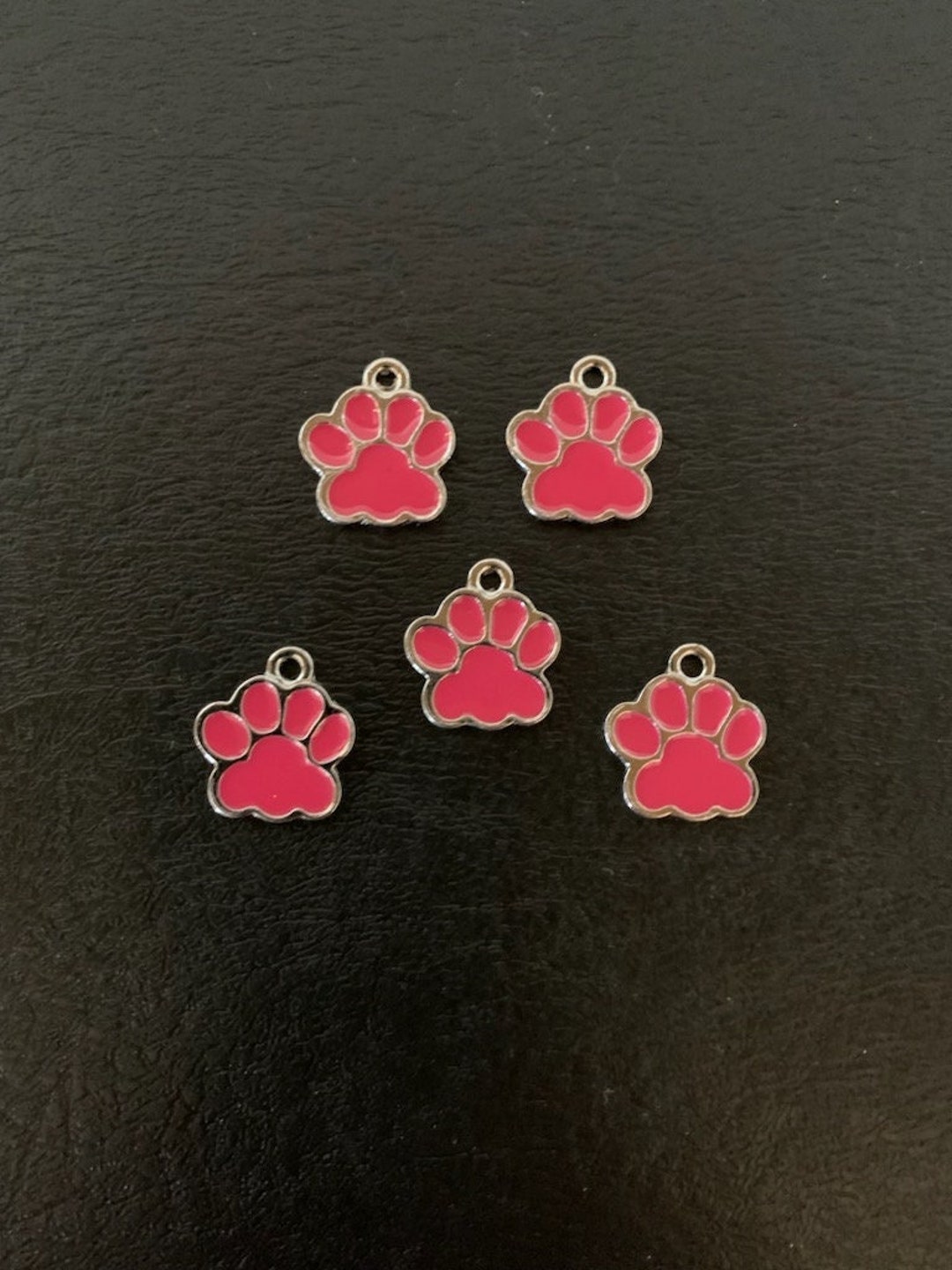 5 Dark Pink Silver Paw Print Charms, Paw Print Charm, Paw Charm, Paw