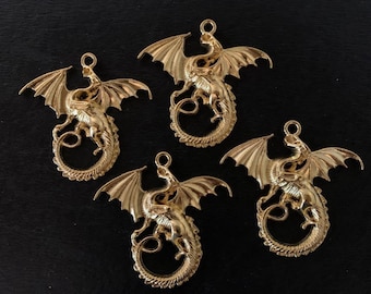 4 gold/silver flying dragon pendants, dragon pendant, dragon pendant gold, silver dragon, mythical dragon, flying dragon, pendant dragon