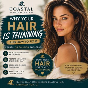 Op de afbeelding: Een advertentie voor Coastal Hair Secrets toont een vrouw met lang, golvend bruin haar. Tekst bevat "Waarom je haar dunner wordt" en "Je beste haar begint van binnen". De advertentie belooft resultaten zoals dikker haar en een gezonde hoofdhuid.