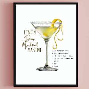 Lemon Drop Martini Recipe Prints: Home Bar Cocktail Art (Digital Download Set of 5)