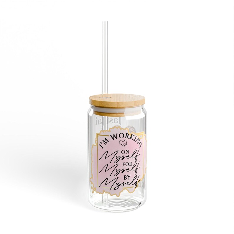 16oz Glass Tumbler with Lid & Straw: "Working On Myself" Drinkware image 2