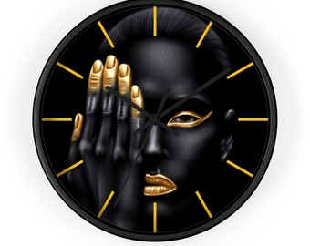 Clock | Chic Black 'Keep Em Guessing | Modern Minimalism for Stylish Ambiance |Black Hands and Yellow Lines, For Numbers