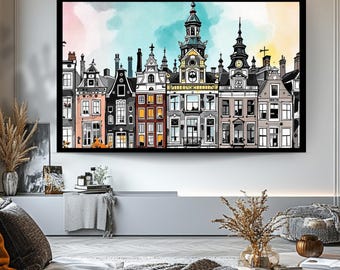 Paesaggio urbano di Amsterdam con acquerello, arte per esposizione su TV (download digitale)