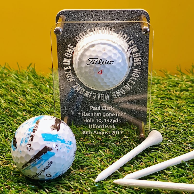 unique, modern design HOLE IN ONE personalised acrylic golf ball display **New back plate options**
