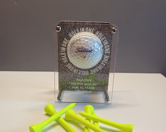 unique, modern design HOLE IN ONE personalised acrylic golf ball display