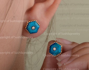 Pendientes de botón hechos a mano en oro de 14 quilates con turquesa y diamantes: Octogon Jewelry