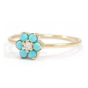 Genuine Turquoise Ring Diamond Engagement Flower Ring In 14K Yellow Solid Gold Fine Handmade minimalist Dainty Jewelry Free shipping