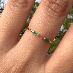 Genuine Emerald Cuff Ring, 14K Gold Emerald Stackable Ring, Baguette Emerald Ring, Gold Open Cuff Ring, Minimalist Anniversary Gifts