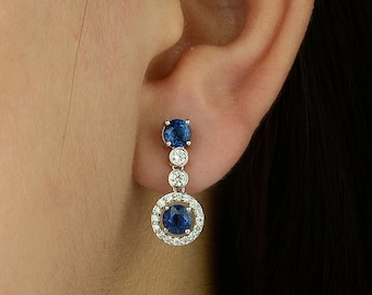 Diamond Pave Blue Sapphire Earrings: 18K White Gold Handmade Jewelry