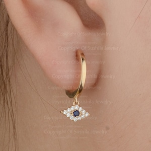 Genuine 0.05 Ct. Blue Sapphire Gemstone Diamond Evil Eye Charm Huggie Hoop Earrings Solid 14K Yellow Gold Lever Back Lock Good Luck Jewelry