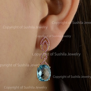 Genuine 0.79 Ct Pink Sapphire Dangle Drop Earrings 14K Solid Yellow Gold Pink Sapphire Blue Topaz Earrings Bridesmaid Jewelry Gift for her