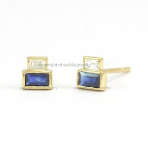 Genuine Baguette Blue Sapphire Diamond Stud Earrings, 14K Solid Gold Yellow Gold Small Studs, Handmade Minimalist Jewelry
