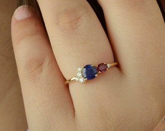 Stackable Ring/ Genuine Blue Sapphire Ruby Ring/ 14K Solid Gold Ring/ Diamond Cluster Ring/ Minimalist Ring/ Dainty Gift For Her