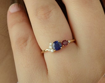 14K gouden ring met saffierrobijn: stapelring diamantcluster