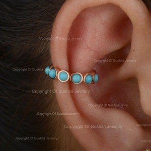 Genuine Turquoise Earring, 14K Yellow Gold Turquoise Gemstone Ear Cuff Earring, Cuff and Wrap Earring, Handmade Jewelry, Gift For Her