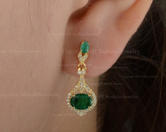 Emerald Diamond Earrings: 18K Yellow Gold Art Deco Dangle Earrings