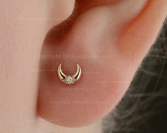 14K Yellow Gold Diamond Moon Stud Earrings: Tiny Celestial Jewelry