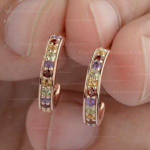14K Yellow Gold Huggie Hoop Earrings: Multi Sapphire Pave Gemstone