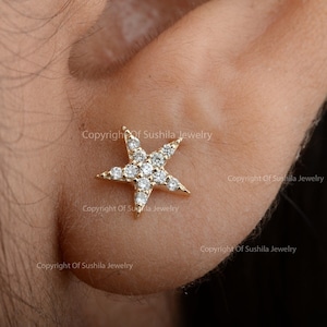 Natural SI Clarity G Color Diamond Star Stud Earrings 14k Solid Yellow Gold Tiny Sparkling Star Minimalist Jewelry Christmas Gift
