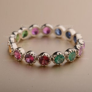 Genuine Rainbow Multi Sapphire Gemstone Wedding Engagement Full Eternity Band Ring Solid 14K Yellow Gold Handmade Jewelry Gift For Her