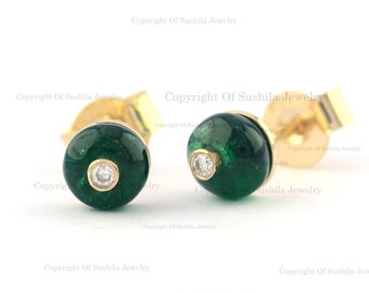 14K Gold Emerald Diamond Stud Earrings: Minimalist May Birthstone Jewelry