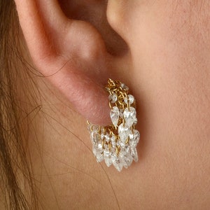 Moissanite Hoop Earrings/ 14K Solid Gold Earrings/ Floating Moissanite Tassel Hoop Earrings/ Single Piece Earrings/ Cartilage Hoops Earrings