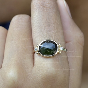 Natural Green Tourmaline Gemstone Engagement Wedding Band Ring in Solid 14k Yellow Gold Handmade Minimalist Jewelry Gift