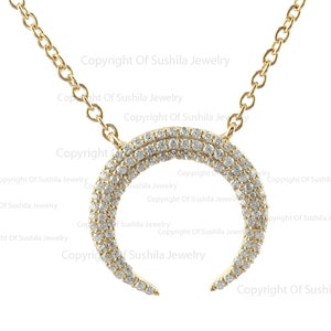 14K Gold Diamond Horn Pendant Necklace: Handmade Crescent Moon Jewelry