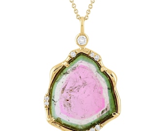 Handmade 14K Solid Yellow Gold Watermelon Tourmaline Diamond Pendant Necklace